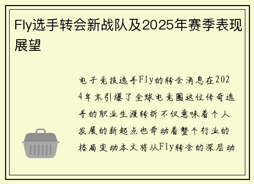 Fly选手转会新战队及2025年赛季表现展望