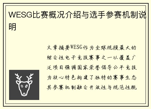 WESG比赛概况介绍与选手参赛机制说明